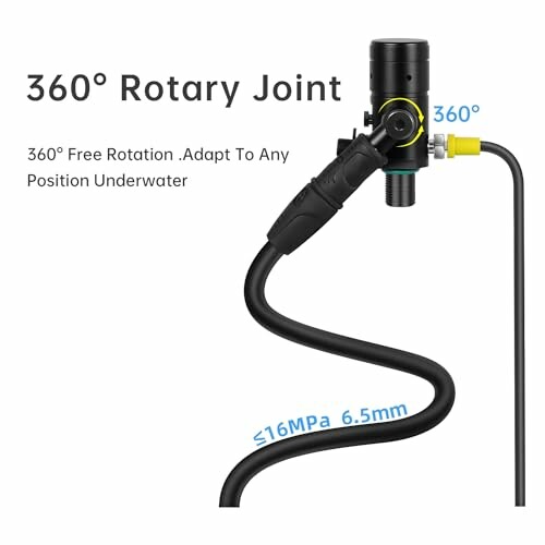 360-degree rotary joint with hose and connector for underwater use.