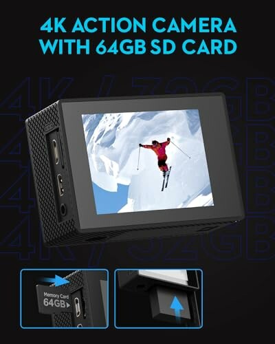 4K action camera display with skier and 64GB SD card slot.