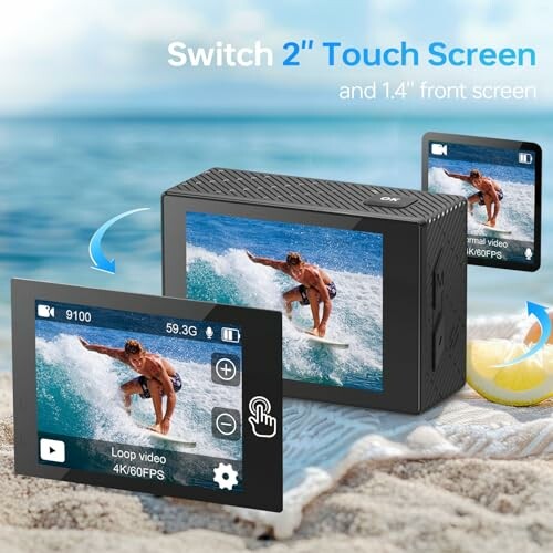 Action camera with dual screens displaying a surfer on the beach.