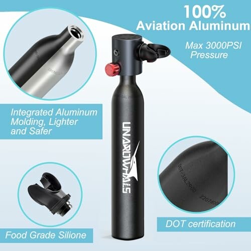 Aluminum scuba tank with features like 3000PSI pressure and integrated molding.