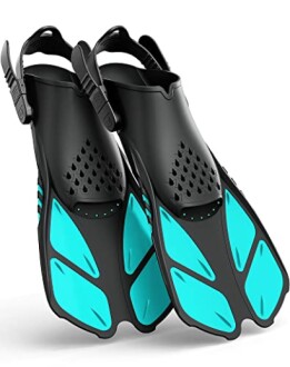 Black and blue snorkeling fins with adjustable straps.