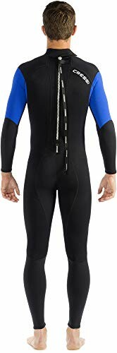 Person wearing a black and blue wetsuit, viewed from the back.