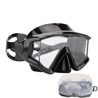 Black diving mask with clear lenses and adjustable strap