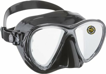 Black diving mask with clear lenses and adjustable strap