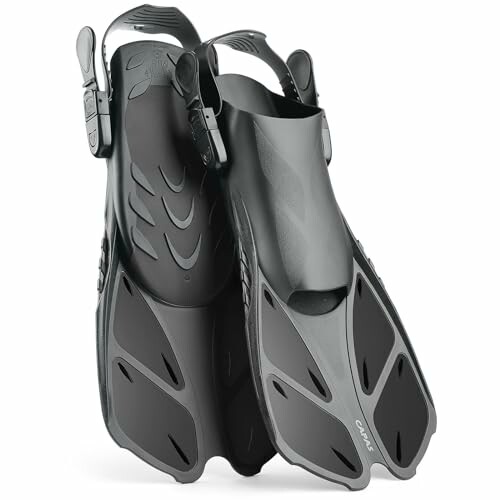 Pair of black snorkeling fins with adjustable straps.