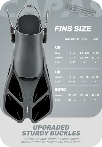 CAPAS fins size chart with upgraded sturdy buckles.