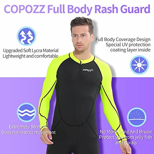 Man wearing COPOZZ full body rash guard with highlighted features.