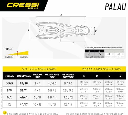 Cressi Palau fins size conversion and dimension chart.