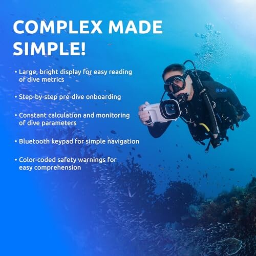 Scuba diver with camera and list of dive computer features.