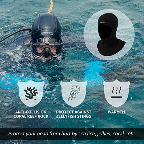 Diver wearing hood with protection features against coral, jellyfish, and cold.