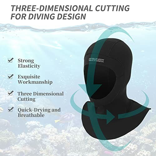 Three-dimensional diving hood with strong elasticity and quick-drying features.