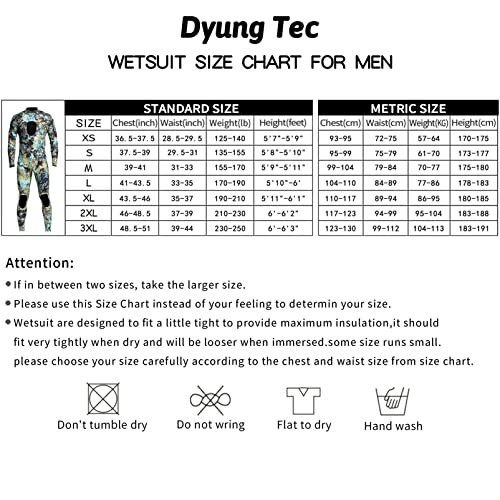 Dyung Tec wetsuit size chart for men with standard and metric sizes.