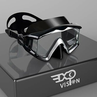 Exo Vision scuba diving mask on a display box