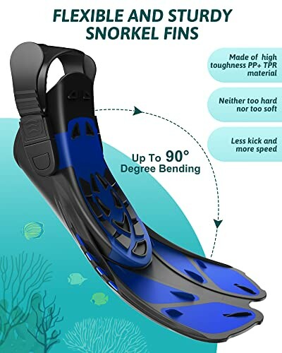 Flexible and sturdy snorkel fins with high toughness material and 90-degree bending.