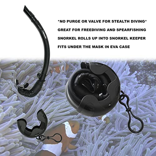 Foldable snorkel for stealth diving with case and features listed.