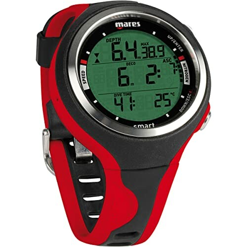 Mares Smart dive computer watch with red and black strap.