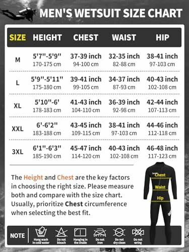 Men's wetsuit size chart with measurements for height, chest, waist, and hip.