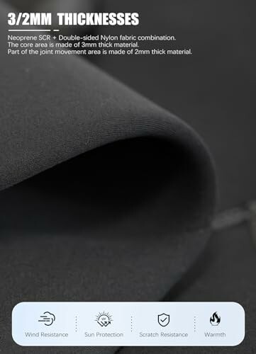 Close-up of neoprene material showing 3mm and 2mm thicknesses with icons for wind resistance, sun protection, scratch resistance, and warmth.