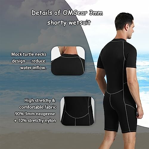 Details of OMGear 3mm shorty wetsuit with mock turtle necks and stretchy fabric.