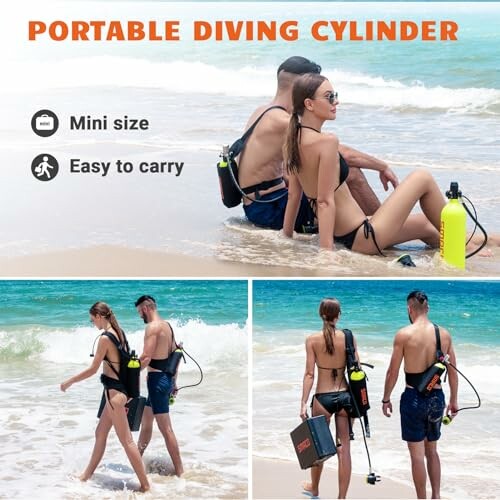 Couple with portable diving cylinder at the beach.