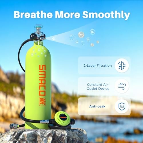 Portable diving oxygen tank with features highlighted: 2-layer filtration, constant air outlet device, anti-leak.