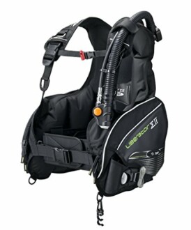 Scuba diving buoyancy control device in black with hose and straps.