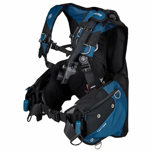 Blue and black scuba diving BCD vest with adjustable straps.