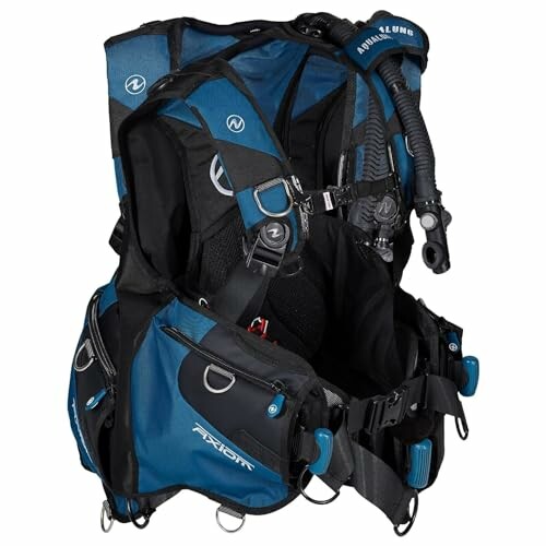 Blue and black scuba diving BCD with hoses and buckles