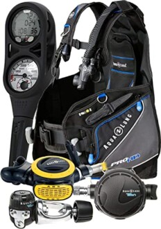 Scuba diving equipment set with regulator, pressure gauge, and BCD.