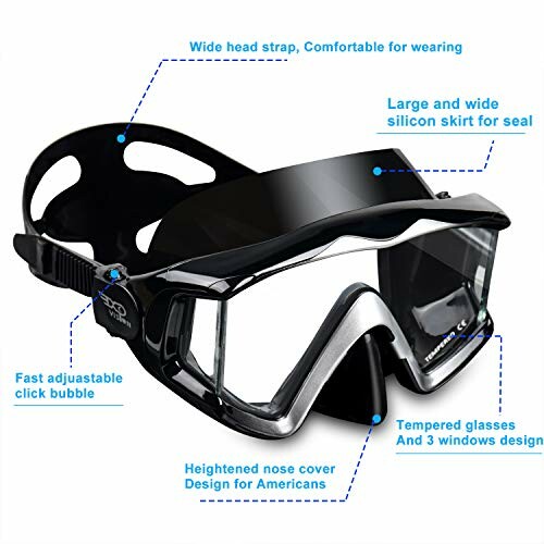 Scuba diving mask with adjustable strap and tempered glass.