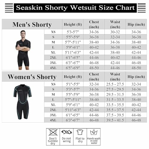 Seaskin Shorty Wetsuit Size Chart for Men and Women