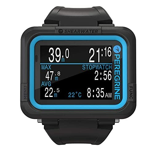 Shearwater Peregrine dive computer with digital display showing depth, time, and temperature.