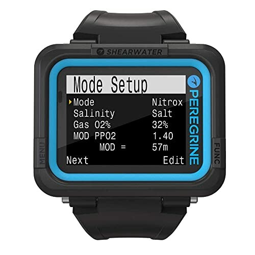 Shearwater Peregrine dive computer displaying mode setup screen.