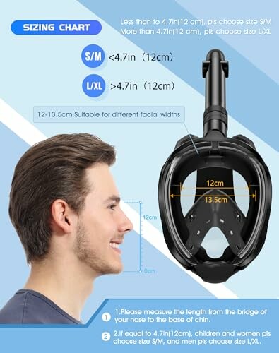 Snorkel mask sizing chart with side view of a person measuring facial dimensions.