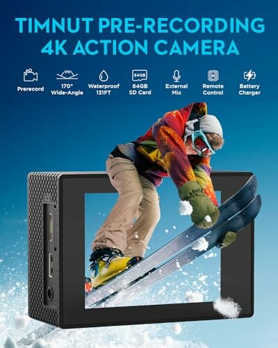 Timnut 4K action camera with features and image of a skier.