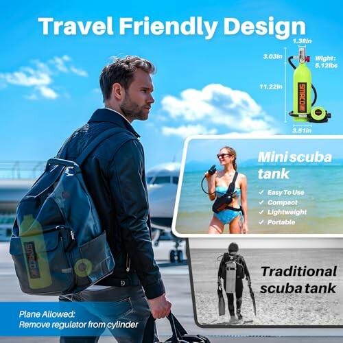 Man with backpack and mini scuba tank, woman holding mini tank, traditional scuba tank comparison.