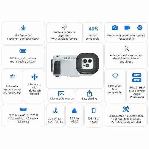 Underwater camera with multiple features including Bluetooth, nitrox compatibility, and iOS support.