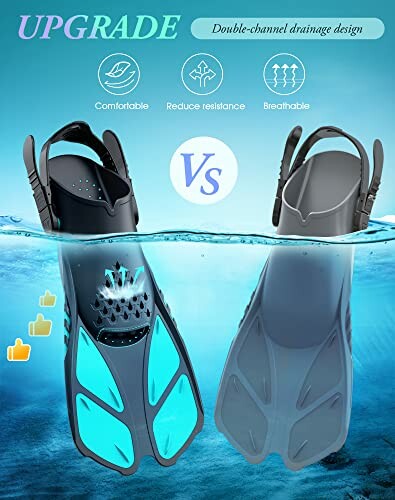 Comparison of upgraded swim fins with double-channel drainage design.