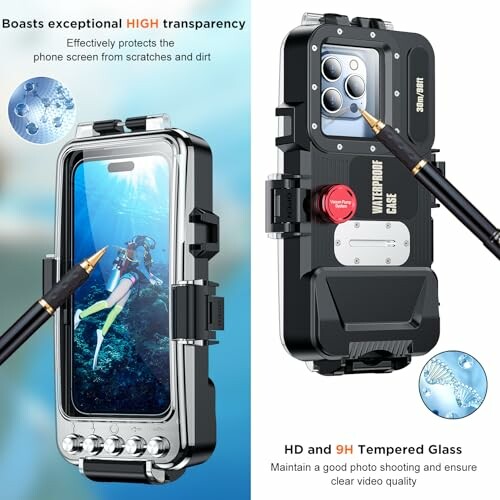 Waterproof phone case with HD and 9H tempered glass, showing underwater usage and protective features.