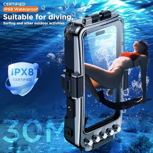 Waterproof phone case suitable for diving, IP68 certified, 30M depth.