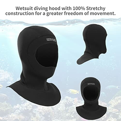 Black wetsuit diving hood with stretch construction.