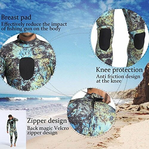 Wetsuit with breast pad, knee protection, and zipper design features on a beach.