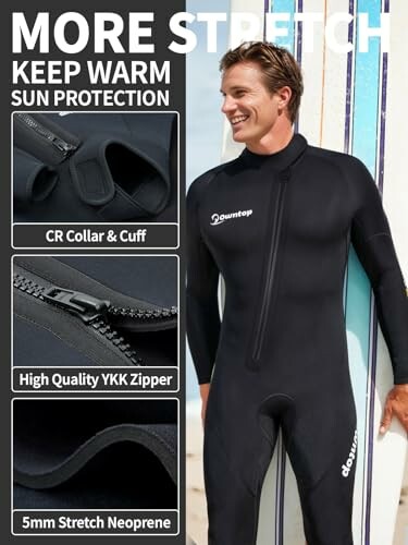 Man in black wetsuit with features: stretch, warmth, sun protection, CR collar and cuff, YKK zipper, 5mm neoprene.