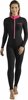 Woman in black and pink wetsuit standing.